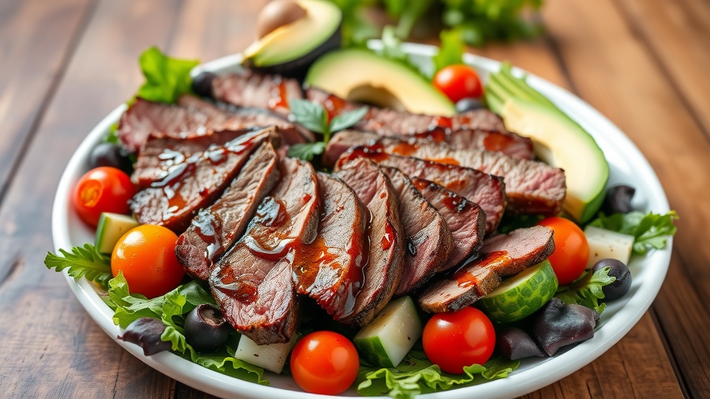 Grilled Steak Salad with Fresh Vegetables Grilled steak salad with mixed greens, cherry tomatoes, cucumbers, and avocado drizzled with balsamic dressing.